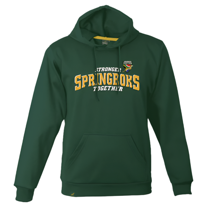 240g Springboks Fleece Hoodie. Features screen-printed "Stronger Together" slogan branding across the chest