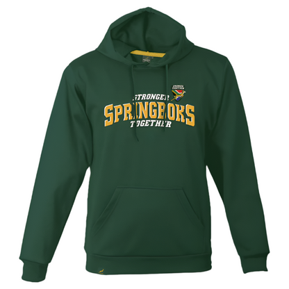 240g Springboks Fleece Hoodie. Features screen-printed "Stronger Together" slogan branding across the chest 