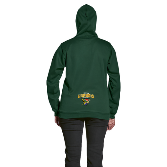 240g Springboks Fleece Hoodie Back Detail. Features screen-printed "Stronger Together" slogan branding across the back panel