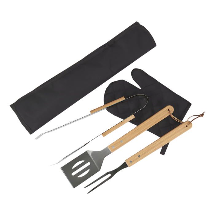 Apron With Bbq Set: Includes a stainless steel fork, turner, and glove,
